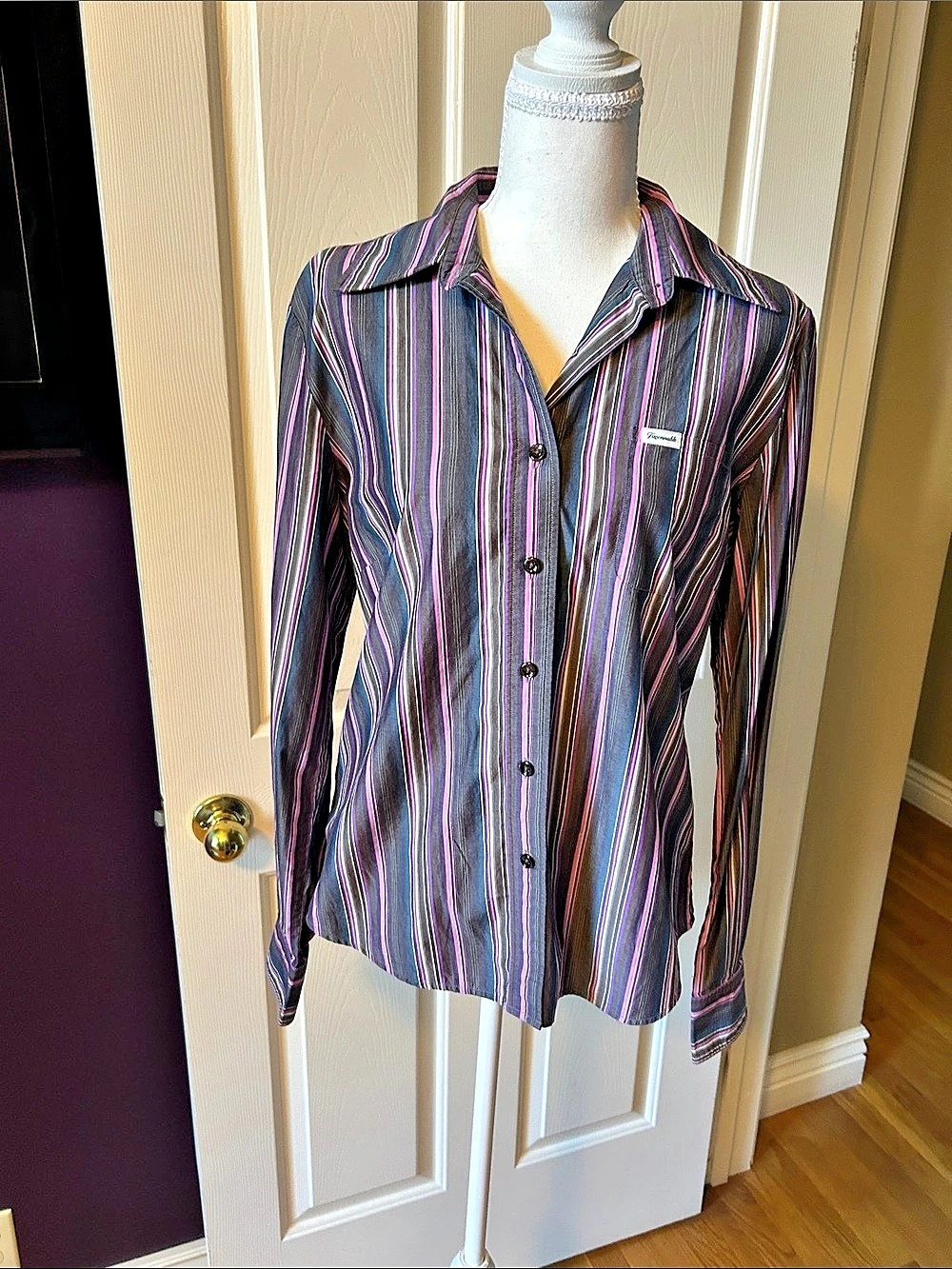 Fashionable Striped Button Down in Purple Gray & Black Size Small